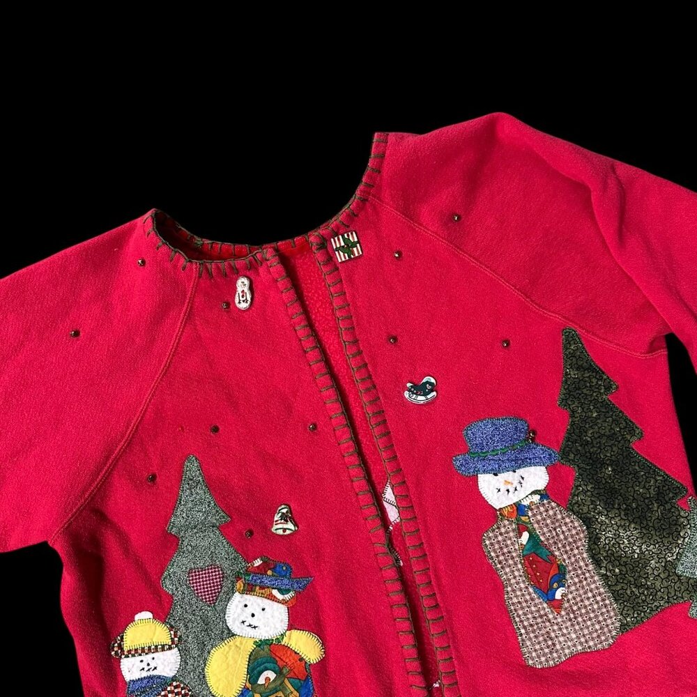 Vintage Christmas Sweater Open Cardigan Red Snowman Embellished Retro Holiday
